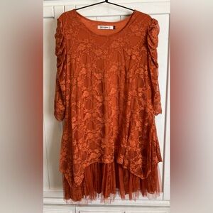 NWT Origami Warm Orange Lace Mini Dress 3/4 Sleeve Size Medium